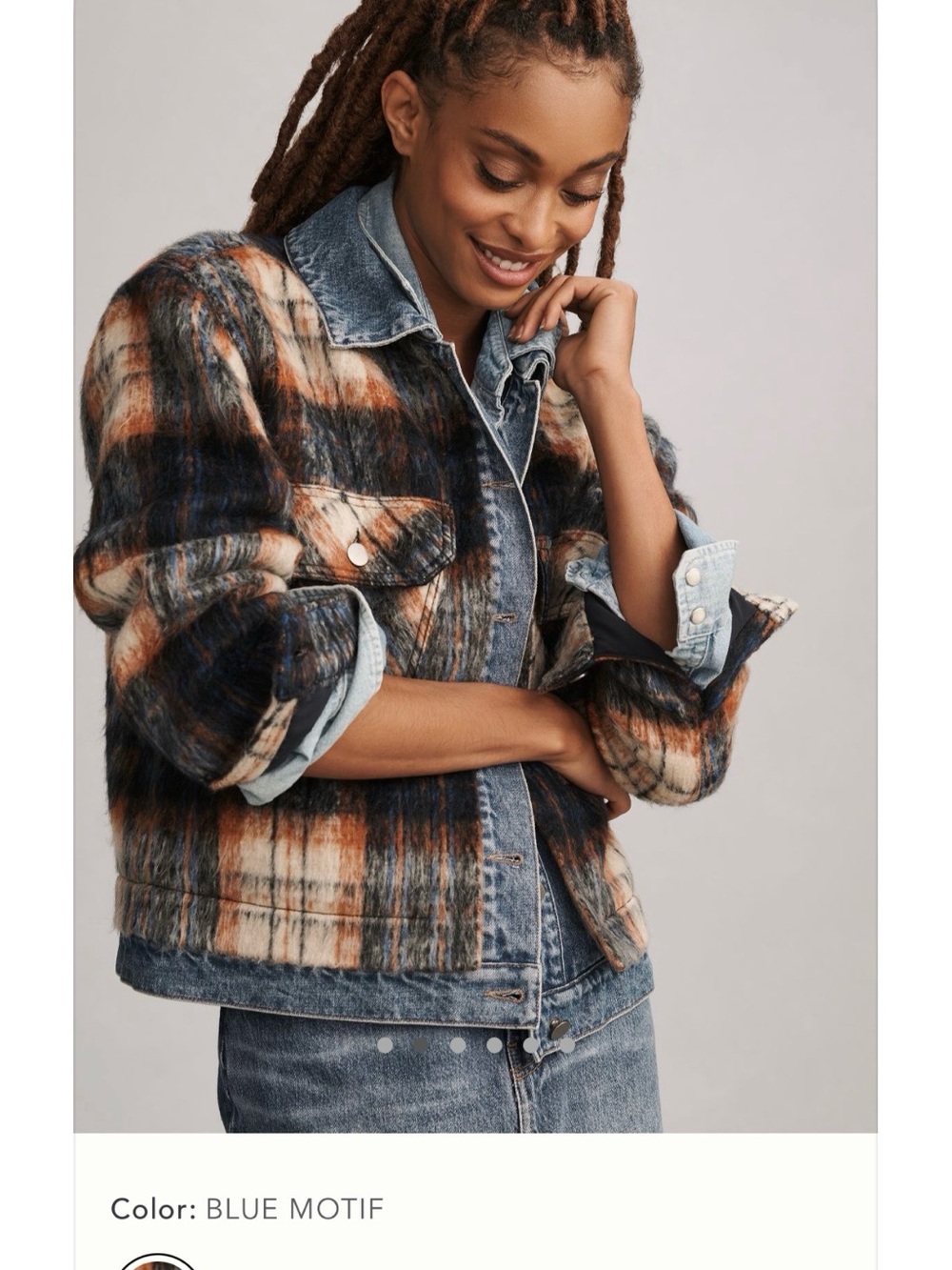 Anthropologie Blue Motif Plaid Mixed-Media Jean Jacket
